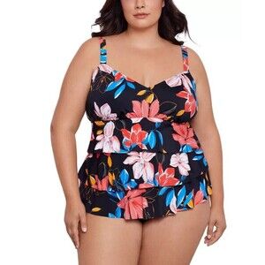 Swim Solutions Women's Plus Size Tiered Floral-Print One Piece Swimsuit Black24W